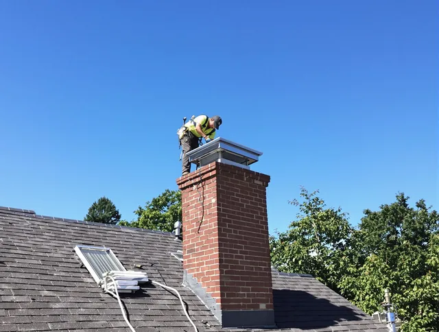Cuyahoga Falls Chimney Sweep technician measuring a chimney cap in Cuyahoga Falls, OH