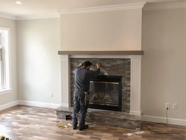 Cuyahoga Falls Chimney Sweep finishing a custom fireplace install in Cuyahoga Falls, OH